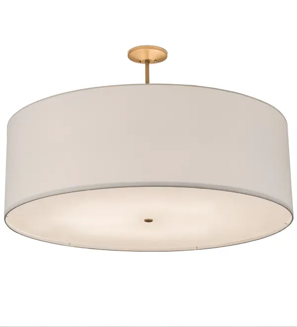 Designed with a round profile and a clean architectural look, this appealing and versatile ceiling pendant defines a sophisticated aesthetic. The White Linen Textrene Shade is designed with a Statuario Idalight bottom diffuser and complemented with hardware featured in a Metallic Gold Powder coated finish. Handcrafted in our 180,000 square foot manufacturing facility in Yorkville, New York, this transitional styled pendant is available in a wide range of custom choices including various designs, colors, sizes and dimmable energy-efficient lamping options. UL and cUL listed for damp and dry locations however we do not recommend installing it in spaces that experience a large amount of moisture due to the fabric shade Collection: Cilindro Finish: Gold Metallic Glass: White Textrene/Statuario Idalight Width: 48.00" Height: 18.00" Length: 48.00" Weight: 30.00 lb Number of Bulbs: 8 Maximum Wattage: 60.00 W Bulb Type: A19 Bulb Base: E26 Material: Steel Country of Origin: USA Safety Listing: Dry Safety Rating: Damp