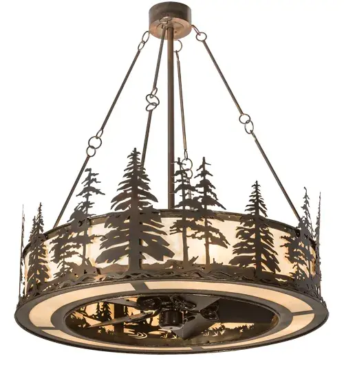 This fan-integrated custom lighting fixture features Pine Tree and woodland metal silhouettes in a Dark Burnished Antique Copper finish. A Creme Carrare Idalight diffuser illuminates while gentle breezes are created by a fan spinning quietly in the center. Eight inner lamps evoke the beauty of the Mica for a decorative effect, four uplights provide ambient illumination, and eight downlights deliver functional illumination. The Tall Pines design is inspired by the White Mountain Forest in New Hampshire, to the Appalachian Trail in Sawtooth National Forest in Utah, to the Sierra National Forest in California. This Chandel-air is ideal for use in a dining room, living space, kitchen, and other rooms in residential, hospitality, and commercial settings. In summer, the fan pushes down a windchill that circulates to keep the area cool and comfortable. In winter, the fan is reversed to pull the room air towards the ceiling, forcing the warm air back down & circulate to create warmth. The Tall Pines Chandel-Air is included in our American-made, American-designed, handcrafted, award-winning Chandel-Air Collection and manufactured in Yorkville, NY. UL and cUL listed for dry and damp locations. Collection: Tall Pines Finish: Dark Burnished Antique Copper Oiled Bronze Glass: Creme Carrare Idalight Ac Motor Width: 44.00" Height: 52.00" Length: 44.00" Weight: 120.00 lb Number of Bulbs: 8 Maximum Wattage: 60.00 W Bulb Type: A19 Bulb Base: Medium Material: Steel Country of Origin: USA Safety Listing: Damp Safety Rating: Damp - alternate view