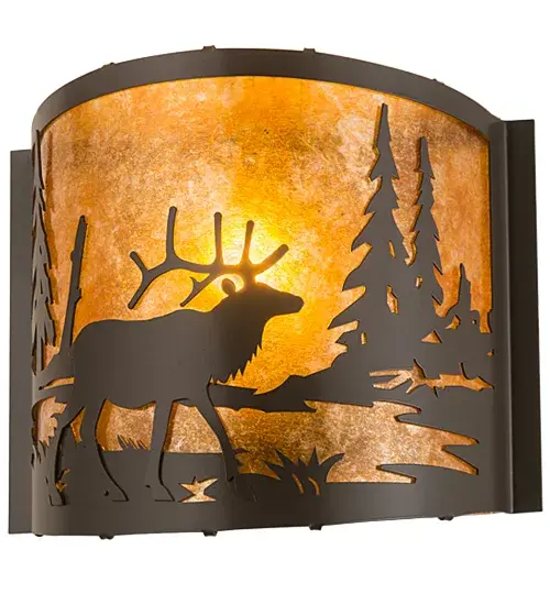 Rustic charm is captured beautifully with a majestic Elk meandering near a woodland lake while the morning sun rises in the background of this natural wildlife inspired sconce. Soft ambient light projects through a stunning Amber Mica lens which is complemented with a Timeless Bronze finish. This curvaceous wall scone is handcrafted by highly skilled artisans in our 180,000 square foot manufacturing facility in Yorkville, NY. Diffuser colors, metal finishes and fixture sizes can be customized to your needs. UL and cUL listed for dry and damp locations. Collection: Elk At Lake Finish: Timeless Bronze Glass: Amber Mica Width: 12.00" Height: 9.50" Length: 4.50" Weight: 3.00 lb Extension from Wall: 4.50" Number of Bulbs: 1 Maximum Wattage: 60.00 W Bulb Type: A19 Bulb Base: E26 Material: Steel Country of Origin: USA Safety Listing: Damp Safety Rating: Damp - alternate view