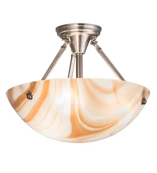 An elegant kiln-formed shade is the result of high-fired; Cognac-colored; swirled art glass. The Metro ceiling fixture; offering hardware in a Brushed Nickel finish; is the perfect centerpiece for any room. Traditional artistry; high-fire kilns; and original tools are used to create art glass in the old-world tradition. The Metro Cognac Swirl Semi-Flush Mount is featured in our American-made; American-designed; handcrafted Art Glass Lighting Collection and manufactured in Yorkville; New York. UL and cUL listed for dry and damp locations. Each shade is a unique work of art with color variations based on natural ingredients inherent in the glass. - alternate view
