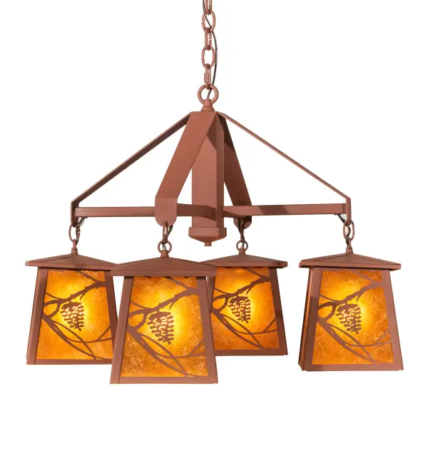 Listen closely.You can almost hear the soft whisper of the pine branches as they dance in the wind.Enjoy the warm ambiance of soft beautiful light diffused through these rustic shades? Amber Mica featuring stunning pinecone and pine branch designs. Hand finished in handsome Rust and handcrafted by Meyda Artisans in Yorkville; New York.Create the design; colors; and the size and style of your choice.Energy efficient lamping options available