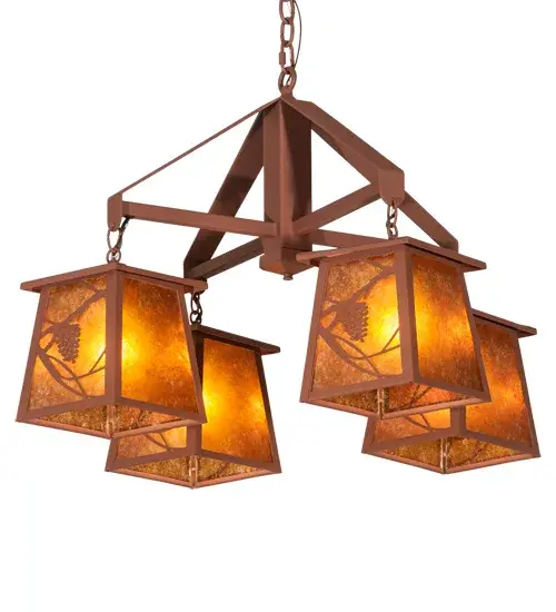 Listen closely.You can almost hear the soft whisper of the pine branches as they dance in the wind.Enjoy the warm ambiance of soft beautiful light diffused through these rustic shades? Amber Mica featuring stunning pinecone and pine branch designs. Hand finished in handsome Rust and handcrafted by Meyda Artisans in Yorkville; New York.Create the design; colors; and the size and style of your choice.Energy efficient lamping options available - alternate view