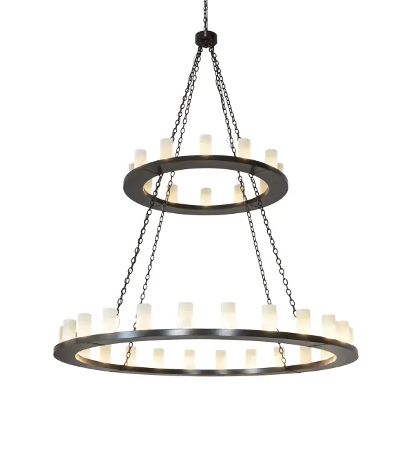 Offering an updated style of an old world chandelier of yore. Loxley was custom crafted with 36 Clear Frosted Glass Cylindres on two smooth decorative rings hand finished in a Timeless Bronze. Ideal for illuminating dining areas, conference tables, lobbies and other residential, hospitality and commercial spaces. Overall height ranges from 92 to 151 inches as the chain length can be easily adjusted in the field to accommodate your specific lighting application needs. Handcrafted in our 180,000 square foot manufacturing facility in Yorkville, NY. Fixture designs, metal finishes and chandelier sizes can be customized to meet your needs. UL and cUL listed for damp and dry locations. Collection: Loxley Finish: Timeless Bronze Glass: Frosted Clear Glass Width: 72.00" Height: 92.00" Length: 72.00" Weight: 105.00 lb Number of Bulbs: 36 Maximum Wattage: 8.00 W Bulb Type: B11 Bulb Base: E26 Light Source: LED Material: Steel Country of Origin: USA Safety Listing: Damp Safety Rating: Damp LED