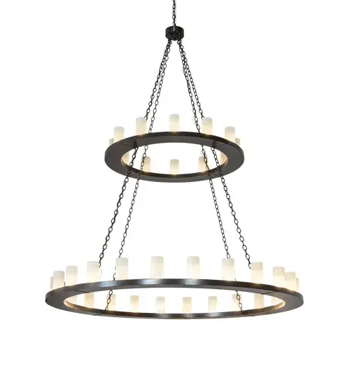 Offering an updated style of an old world chandelier of yore. Loxley was custom crafted with 36 Clear Frosted Glass Cylindres on two smooth decorative rings hand finished in a Timeless Bronze. Ideal for illuminating dining areas, conference tables, lobbies and other residential, hospitality and commercial spaces. Overall height ranges from 92 to 151 inches as the chain length can be easily adjusted in the field to accommodate your specific lighting application needs. Handcrafted in our 180,000 square foot manufacturing facility in Yorkville, NY. Fixture designs, metal finishes and chandelier sizes can be customized to meet your needs. UL and cUL listed for damp and dry locations. Collection: Loxley Finish: Timeless Bronze Glass: Frosted Clear Glass Width: 72.00" Height: 92.00" Length: 72.00" Weight: 105.00 lb Number of Bulbs: 36 Maximum Wattage: 8.00 W Bulb Type: B11 Bulb Base: E26 Light Source: LED Material: Steel Country of Origin: USA Safety Listing: Damp Safety Rating: Damp LED - alternate view
