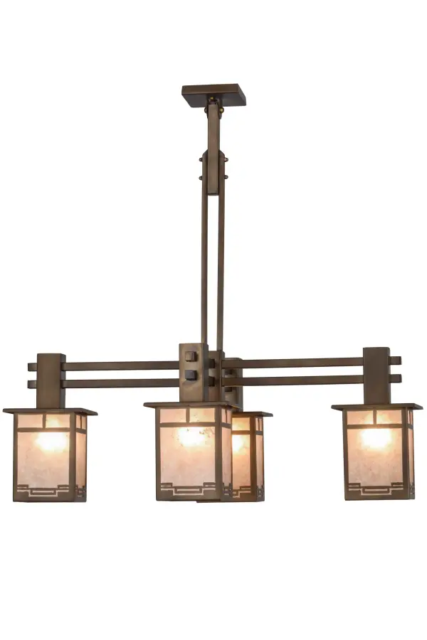 Inspired by the Arts & Crafts Movement; the Roylance chandelier features four lanterns with a handsome geometric trim; framed in Antique Copper finished metal with Silver Mica panels. The fixture is highlighted with Mission styled frame; accents and a canopy that adapts to vaulted ceilings. This stunning fixture is the perfect complement to almost any decor. This fixture is hand crafted in the USA by Meyda artisans. Custom styles; sizes and colors are available; as well as dimmable energy-efficient lamping options.