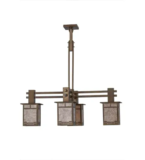 Inspired by the Arts & Crafts Movement; the Roylance chandelier features four lanterns with a handsome geometric trim; framed in Antique Copper finished metal with Silver Mica panels. The fixture is highlighted with Mission styled frame; accents and a canopy that adapts to vaulted ceilings. This stunning fixture is the perfect complement to almost any decor. This fixture is hand crafted in the USA by Meyda artisans. Custom styles; sizes and colors are available; as well as dimmable energy-efficient lamping options. - alternate view