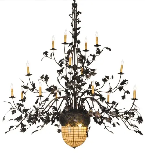 Majestic as the mighty oak is this leaf adorned sixteen arm chandelier in a Dark Burnished Antique Copper finish. Alighted stained glass acorn; in Ivory with a multitoned Bark Brown granite glass crown that sprouts candle topped; oak leaf covered branches. Each branched arm has a beautifully simulated dripping wax candlestick in Ivory. The elegant hardware is hand made in the USA by Meyda Tiffany craftsmen.