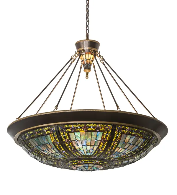 Every Meyda Tiffany item is a unique handcrafted work of art. Natural variations in the wide array of materials that we use to create each Meyda product make every item a masterpiece of its own. Photographs are a general representation of the product. Colors and designs will vary. Collection: Fleur-De-Lis Finish: Copper Vein & Nu Gold Glass: Stained Glass Width: 45.00" Height: 43.00" Length: 45.00" Weight: 66.00 lb Number of Bulbs: 8 Maximum Wattage: 60.00 W Bulb Type: A19 Bulb Base: E26 Material: Steel Country of Origin: USA Safety Listing: Damp Safety Rating: Damp