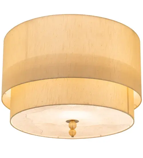 A unique architecturally designed ceiling fixture. Cilindro Lujoso features two Natural Wafer Silk shades with a Statuario Idalight top diffuser and a Yuma Idalight bottom diffuser. The finial is featured in in Brass and Gold powder coat finishes. Handmade by highly skilled artisans in our 180;000 square foot manufacturing facility in Yorkville; New York. Custom sizes; styles; and colors are available. UL and cUL listed for dry and damp locations however we do not recommend installing it in spaces that experience a large amount of moisture due to the fabric shades. - alternate view