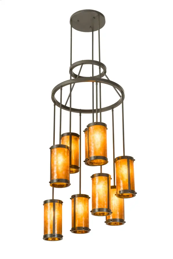Spanning more than 6 feet from top to bottom, this tiered chandelier renders a transitional eye-catching look. Nine stunning Amber Mica shades are aligned in a staggered formation, suspended from two decorative rings and a canopy while providing ambient light at various levels. All hardware is featured in a Timeless Bronze finish while a soft glow evokes from stunning decorative Cylindres. Ideal for lobbies, foyers, ballrooms and large spaces. Handcrafted in our 180,000 square foot manufacturing facility in Upstate New York. Custom options include special sizes, styles, and finishes, as well as dimmable energy efficient lamping options such as LED. UL and cUL listed for dry and damp locations. Collection: Cartier Finish: Timeless Bronze Glass: Amber Mica Width: 30.00" Height: 80.00" Length: 30.00" Weight: 54.00 lb Number of Bulbs: 9 Maximum Wattage: 40.00 W Bulb Type: T10 Bulb Base: E26 Material: Steel Country of Origin: USA Safety Listing: Damp Safety Rating: Damp