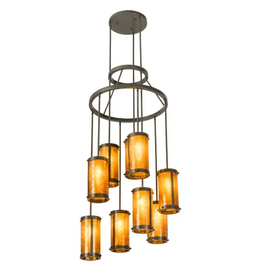 Spanning more than 6 feet from top to bottom, this tiered chandelier renders a transitional eye-catching look. Nine stunning Amber Mica shades are aligned in a staggered formation, suspended from two decorative rings and a canopy while providing ambient light at various levels. All hardware is featured in a Timeless Bronze finish while a soft glow evokes from stunning decorative Cylindres. Ideal for lobbies, foyers, ballrooms and large spaces. Handcrafted in our 180,000 square foot manufacturing facility in Upstate New York. Custom options include special sizes, styles, and finishes, as well as dimmable energy efficient lamping options such as LED. UL and cUL listed for dry and damp locations. Collection: Cartier Finish: Timeless Bronze Glass: Amber Mica Width: 30.00" Height: 80.00" Length: 30.00" Weight: 54.00 lb Number of Bulbs: 9 Maximum Wattage: 40.00 W Bulb Type: T10 Bulb Base: E26 Material: Steel Country of Origin: USA Safety Listing: Damp Safety Rating: Damp - alternate view