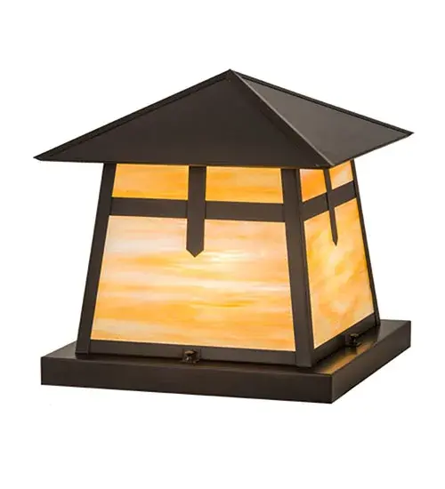 Custom-made from Solid Brass; this pier mount is constructed for interior and exterior applications. A stunning Craftsman design statement is captured with a dramatic profile featuring a unique Cross Mission design. The fixture can be mounted to columns; posts; and decks while providing beautiful ambient lighting in timber homes; modern farmhouses; and other spaces from Traverse City; Michigan; to Lake Tahoe; Nevada; to Lake Geneva; Wisconsin. The Beige Art Glass diffuser is enhanced with a frame and hardware featured in a Craftsman Brown finish. The Stillwater Cross Mission Pier Mount is included in our American-made; American-designed; handcrafted Craftsman Signature Series and manufactured in Yorkville; New York. UL and cUL listed for dry; damp; and wet locations. Our Build Your Own Craftsman Signature Series features unlimited combinations of styles; functions; sizes; and finishes. Options include lanterns; pier and post mounts; and deck lights crafted of marine-grade materials like brass and copper with timeless living finishes offered to endure harsh climates. - alternate view