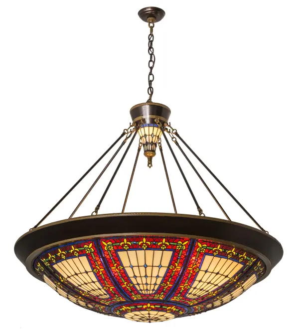 Every Meyda Tiffany item is a unique handcrafted work of art. Natural variations in the wide array of materials that we use to create each Meyda product make every item a masterpiece of its own. Photographs are a general representation of the product. Colors and designs will vary. Collection: Fleur-De-Lis Finish: Copper Vein & Nu Gold Glass: Stained Glass Width: 45.00" Height: 43.00" Length: 45.00" Weight: 66.00 lb Extension from Wall: 7.00" Number of Bulbs: 8 Maximum Wattage: 60.00 W Bulb Type: A19 Bulb Base: E26 Material: Steel Country of Origin: USA Safety Listing: Damp Safety Rating: Damp