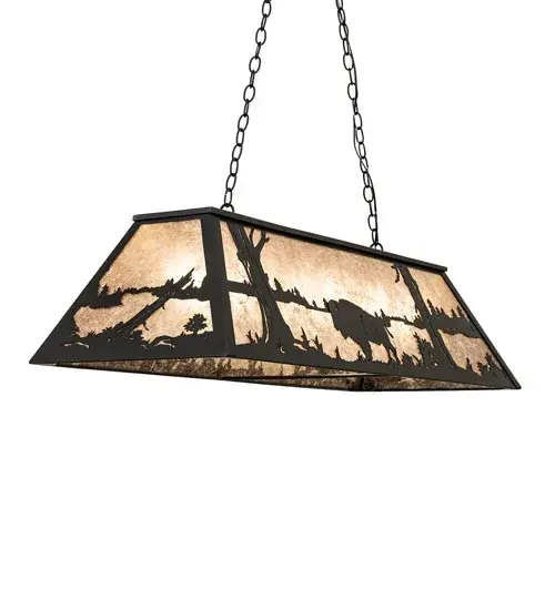 The natural charm of wildlife is captured beautifully with this striking pendant design featuring a majestic Buffalo near a woodland lake while the early summer sun rises in the background. Ambient lighting evokes through a Silver Mica shade enhanced with decorative accents and hardware featured in a Textured Black finish. Illuminate counters; islands; bars; and dining/billiard tables. Overall height ranges from 22 to 45 inches as the chain can be easily adjusted in the field.? The Buffalo at Lake Oblong Pendant is featured in our American made; American designed; handcrafted Wildlife Lighting Collection. Manufactured in Yorkville; New York. UL and cUL listed for dry and damp locations. - alternate view