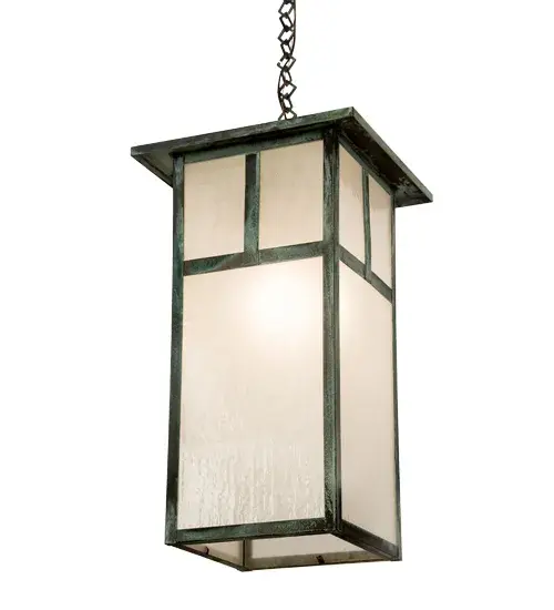 Handcrafted from Solid Brass, this Craftsman Signature Pendant is inspired by the Arts and Crafts movement. The striking Mission straight line design is featured in a Frosted Seeded Glass Shade which is enhanced with a Verde finished frame and hardware. The overall height of this pendant ranges from 29-63 inches as the chain length can be easily adjusted in the field to accommodate a specific lighting application. The fixture is perfect for illuminating lobbies, foyers, ballrooms and other large spaces. Handcrafted by highly skilled artisans in our 180,000 square foot manufacturing facility in Upstate NY. Custom sizes, styles, colors and lamping options are available. UL and cUL listed for dry and damp locations. Collection: Hyde Park Finish: Verdigris Glass: Frosted Seeded Glass Width: 21.00" Height: 29.00" Length: 15.00" Weight: 20.00 lb Number of Bulbs: 1 Maximum Wattage: 60.00 W Bulb Type: A19 Bulb Base: E26 Material: Brass Country of Origin: USA Safety Listing: Damp Safety Rating: Damp - alternate view