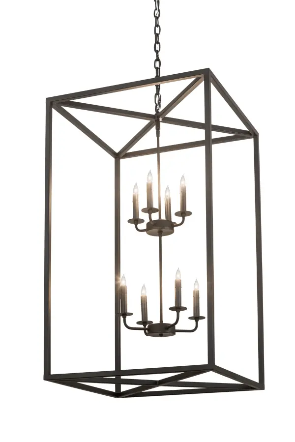 A sophisticated architecturally styled fixture is designed with a pizazz that is unique, fresh and stylish. Give your decor an extra edge with this breathtaking fixture, which is highlighted with a solid steel structure. Beautiful ambient illumination is delivered by 8 faux candlelights. The hardware and frame are featured in a handsome Textured Black finish. Handmade in our 180,000 square foot manufacturing facility in Yorkville, New York Available in custom sizes, styles and finishes, as well as dimmable energy efficient lamping options. UL and CUL listed for dry and wet locations. Collection: Kitzi Box Finish: Textured Black Glass: Black Glass Width: 34.00" Height: 45.00" Length: 24.00" Weight: 29.50 lb Number of Bulbs: 8 Maximum Wattage: 60.00 W Bulb Type: BA9 Bulb Base: E12 Light Source: CFL Material: Steel Country of Origin: USA Safety Listing: Damp Safety Rating: Damp
