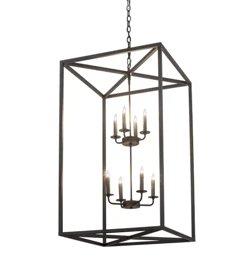 A sophisticated architecturally styled fixture is designed with a pizazz that is unique, fresh and stylish. Give your decor an extra edge with this breathtaking fixture, which is highlighted with a solid steel structure. Beautiful ambient illumination is delivered by 8 faux candlelights. The hardware and frame are featured in a handsome Textured Black finish. Handmade in our 180,000 square foot manufacturing facility in Yorkville, New York Available in custom sizes, styles and finishes, as well as dimmable energy efficient lamping options. UL and CUL listed for dry and wet locations. Collection: Kitzi Box Finish: Textured Black Glass: Black Glass Width: 34.00" Height: 45.00" Length: 24.00" Weight: 29.50 lb Number of Bulbs: 8 Maximum Wattage: 60.00 W Bulb Type: BA9 Bulb Base: E12 Light Source: CFL Material: Steel Country of Origin: USA Safety Listing: Damp Safety Rating: Damp - alternate view
