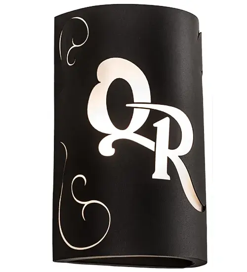 An elegant personalized wall fixture. This QR Monogram design is featured in Statuario Idalight on a Black Textured frame. Handmade by highly skilled craftspersons in our 180,000 square foot manufacturing facility in Yorkville, New York. Custom diffuser colors, finishes and sizes offered. UL and cUL listed for dry and damp locations. Call us for consultation on your monogram needs. Collection: Personalized Finish: Black Textured Glass: Statuario Idalight Width: 10.00" Height: 15.00" Length: 5.50" Weight: 7.50 lb Extension from Wall: 5.50" Number of Bulbs: 2 Maximum Wattage: 40.00 W Bulb Type: A19 Bulb Base: E26 Light Source: LED Material: Steel Country of Origin: USA Safety Listing: Damp Safety Rating: Damp - alternate view