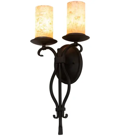 Exquisite Hand Forged Iron Scrollwork creates a rich; luxurious look for Juliana. This high-styled wall fixture features 2 Handpainted Vellum Idalight Cylindres that provide beautiful ambient illumination. The wall sconce is enhanced with hardware featured in a Chestnut finish. Custom crafted in our 180;000 square foot manufacturing facility in Yorkville; New York. Offered in custom sizes; finishes and diffuser colors. UL and cUL listed for dry and damp locations. - alternate view