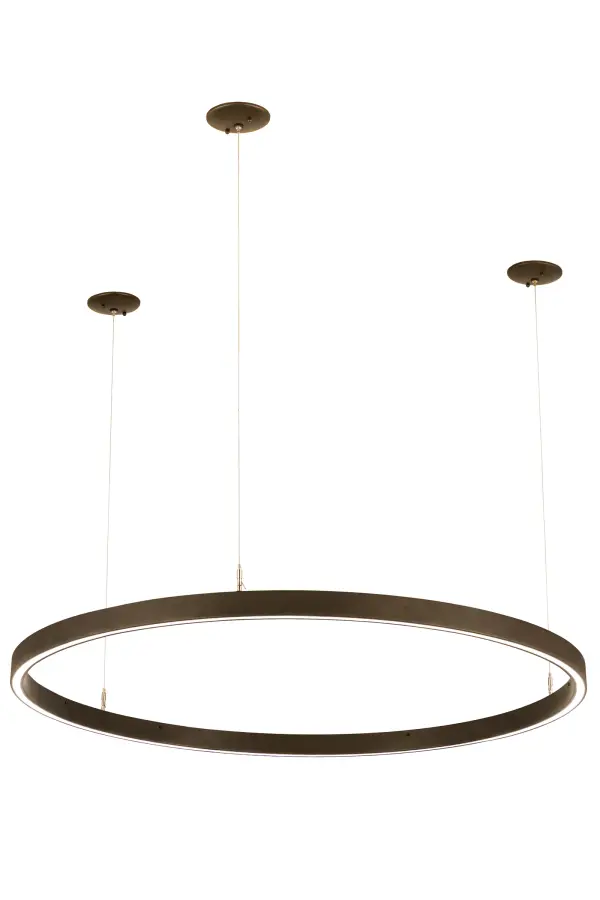 A modern sophisticated pendant featuring a spectral halo of ambient light. Eliminating the power cord, our exclusive proprietary suspension system is engineered with low voltage spacecraft cables for balance, precision and a clean aesthetic. This Bronze finished ring reveals a Statuario Idalight diffuser. Integral LEDs deliver dimmable, robust illumination, energy savings, minimal maintenance and long life. The overall height ranges from 4 to 78 inches as the system can be easily adjusted in the field to accommodate your specific lighting application needs. Handcrafted in our 180,000 square foot manufacturing facility in Yorkville, New York. Available in a wide range of custom choices including various finishes and sizes. Collection: Anillo Finish: China Mahogany Bronze Glass: Statuario Idalight Width: 48.00" Height: 4.00" Length: 48.00" Weight: 23.00 lb Number of Bulbs: 1 Maximum Wattage: 19.00 W Bulb Type: STRIP Bulb Base: INTEGRAL Light Source: LED Color Temperature: 3000 K Material: Steel Country of Origin: USA Safety Listing: Damp Safety Rating: Damp LED