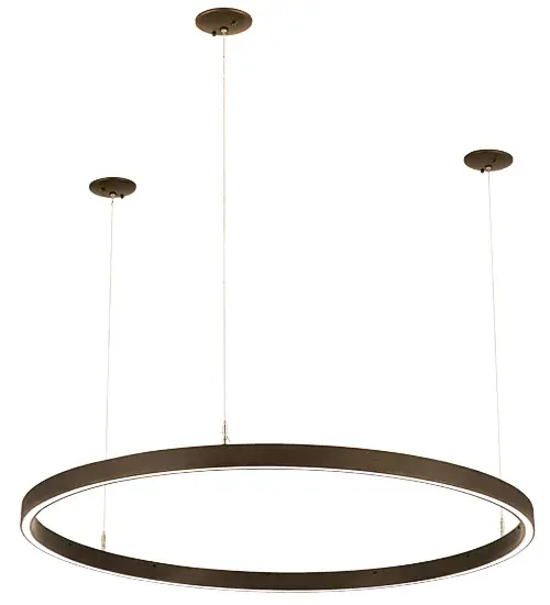 A modern sophisticated pendant featuring a spectral halo of ambient light. Eliminating the power cord, our exclusive proprietary suspension system is engineered with low voltage spacecraft cables for balance, precision and a clean aesthetic. This Bronze finished ring reveals a Statuario Idalight diffuser. Integral LEDs deliver dimmable, robust illumination, energy savings, minimal maintenance and long life. The overall height ranges from 4 to 78 inches as the system can be easily adjusted in the field to accommodate your specific lighting application needs. Handcrafted in our 180,000 square foot manufacturing facility in Yorkville, New York. Available in a wide range of custom choices including various finishes and sizes. Collection: Anillo Finish: China Mahogany Bronze Glass: Statuario Idalight Width: 48.00" Height: 4.00" Length: 48.00" Weight: 23.00 lb Number of Bulbs: 1 Maximum Wattage: 19.00 W Bulb Type: STRIP Bulb Base: INTEGRAL Light Source: LED Color Temperature: 3000 K Material: Steel Country of Origin: USA Safety Listing: Damp Safety Rating: Damp LED - alternate view