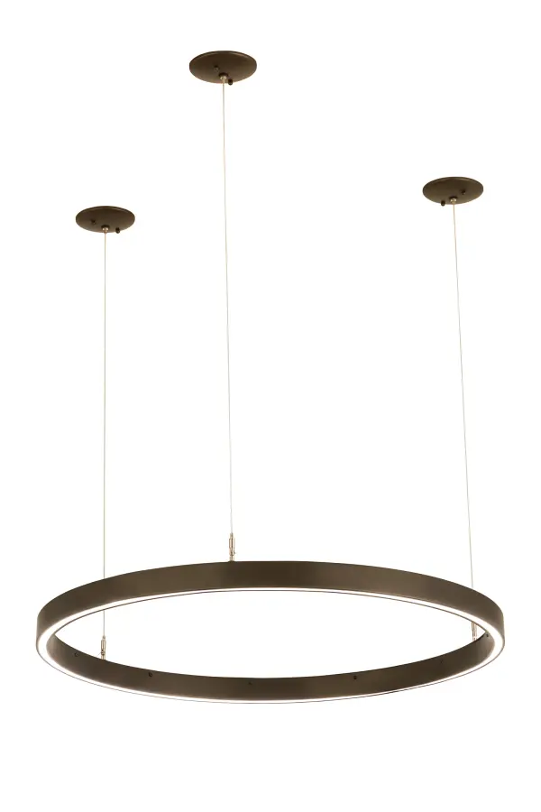 A modern sophisticated pendant featuring a spectral halo of ambient light that creates a stunning visual effect and breathtaking drama. Eliminating the power cord, our exclusive proprietary suspension system is engineered with low voltage spacecraft cables for balance, precision and a clean aesthetic. This Bronze finished solid ring reveals a Statuario Idalight diffuser. Integral dimmable LEDs deliver energy savings, minimal maintenance and long life. The overall height of this pendant ranges from 4 to 78 inches as the spacecraft cable length can be easily adjusted in the field to accommodate your specific lighting application needs. Custom sizes and finishes are available. Collection: Anillo Finish: China Mahogany Bronze Glass: Statuario Idalight Width: 36.00" Height: 4.00" Length: 36.00" Weight: 12.00 lb Number of Bulbs: 2 Maximum Wattage: 14.00 W Bulb Type: STRIP Bulb Base: INTEGRAL Light Source: LED Color Temperature: 3000 K Material: Steel Country of Origin: USA Safety Listing: Damp Safety Rating: Damp LED