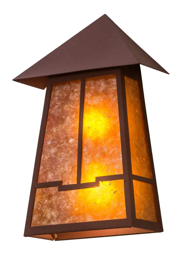 An abstract view of a valley design comes to light with this Craftsman styled lantern.This striking fixture features an Amber Mica diffuser which is complemented with hardware; frame and accents featured in a Rust finish.This sconce is handcrafted by Meyda artisans in our Yorkville; New York manufacturing facility; at the foothills of the glorious Adirondack Mountains. Custom styles; colors and sizes are available; as well as energy efficient lamping options such as LED.The sconce is UL and cUL listed for damp and dry locations.