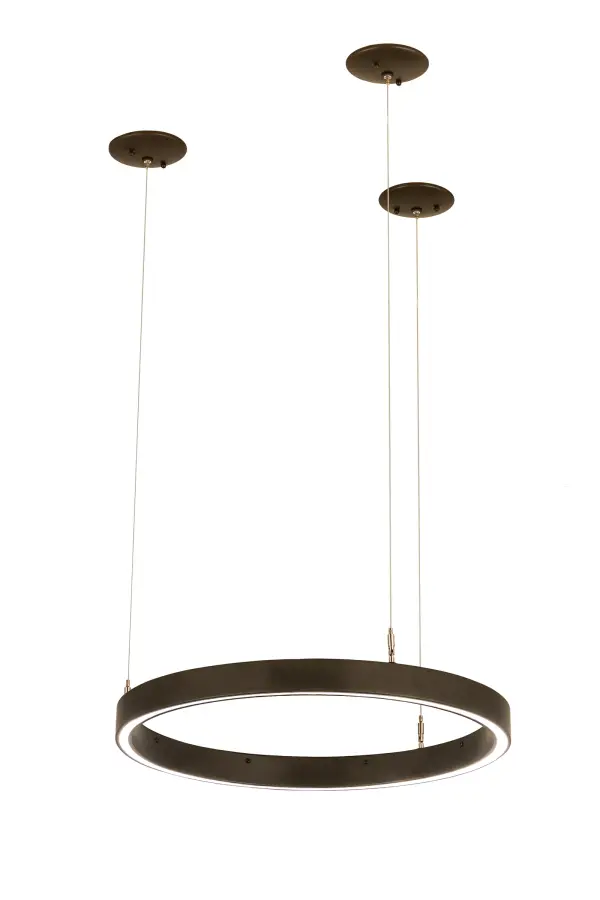A modern sophisticated pendant featuring a spectral halo of ambient light that creates a stunning visual effect and breathtaking drama. Eliminating the power cord, our exclusive proprietary suspension system is engineered with low voltage spacecraft cables for balance, precision and a clean aesthetic. This Bronzed finished ring reveals a Statuario Idalight diffuser. Integral LEDs deliver dimmable, robust illumination, energy savings, minimal maintenance and long life. The overall height of this pendant ranges from 4 to 78 inches as the spacecraft cable length can be easily adjusted in the field to accommodate your specific lighting application needs. Custom sizes and finishes are available. Collection: Anillo Finish: China Mahogany Bronze Glass: Statuario Idalight Width: 24.00" Height: 4.00" Length: 24.00" Weight: 9.00 lb Number of Bulbs: 2 Maximum Wattage: 10.00 W Bulb Type: STRIP Bulb Base: INTEGRAL Light Source: LED Color Temperature: 3000 K Material: Steel Country of Origin: USA Safety Listing: Damp Safety Rating: Damp LED