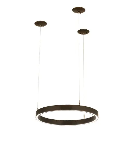 A modern sophisticated pendant featuring a spectral halo of ambient light that creates a stunning visual effect and breathtaking drama. Eliminating the power cord, our exclusive proprietary suspension system is engineered with low voltage spacecraft cables for balance, precision and a clean aesthetic. This Bronzed finished ring reveals a Statuario Idalight diffuser. Integral LEDs deliver dimmable, robust illumination, energy savings, minimal maintenance and long life. The overall height of this pendant ranges from 4 to 78 inches as the spacecraft cable length can be easily adjusted in the field to accommodate your specific lighting application needs. Custom sizes and finishes are available. Collection: Anillo Finish: China Mahogany Bronze Glass: Statuario Idalight Width: 24.00" Height: 4.00" Length: 24.00" Weight: 9.00 lb Number of Bulbs: 2 Maximum Wattage: 10.00 W Bulb Type: STRIP Bulb Base: INTEGRAL Light Source: LED Color Temperature: 3000 K Material: Steel Country of Origin: USA Safety Listing: Damp Safety Rating: Damp LED - alternate view