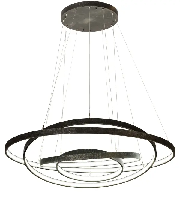 Anillo reveals a modern sophisticated system featuring extraordinary adjustable elements of ambient light. 4 Elliptic spectral halos appear to rotate in space and create a stunning visual effect and breathtaking drama. Supported by sturdy Spacecraft cables for balance and precision, these Gunmetal finished solid rings reveal Statuario Idalight diffusers. Integral LEDs deliver dimmable, robust illumination, energy savings, minimal maintenance and long life. The overall height ranges from 54 to 96.5 inches as the spacecraft cable length can be easily adjusted in the field to accommodate your specific lighting application needs. Handcrafted in our 180,000 square foot manufacturing facility in Yorkville, New York. Custom finishes and sizes. Collection: Anillo Finish: Gunmetal Glass: Statuario Idalight Width: 60.00" Height: 54.00" Length: 60.00" Weight: 88.00 lb Number of Bulbs: 3 Maximum Wattage: 75.00 W Bulb Type: STRIP Bulb Base: INTEGRAL Light Source: LED Color Temperature: 3000 K Material: Steel Country of Origin: USA Safety Listing: Damp Safety Rating: Damp LED