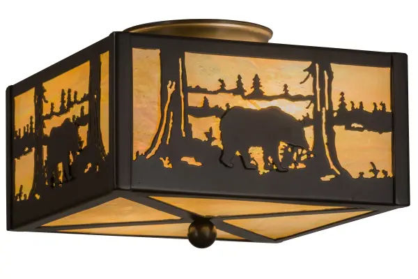Drawing inspiration from the wildlife and natural beauty in the nearby Adirondack Mountains, this stunning lighting fixture depicts a Majestic Bear wandering around a woodland lake. A warm ambient glow projects through warm Beige Iridescent glass, which is complemented with a frame and hardware featured in a Timeless Bronze finish. The fixture is handcrafted by Meyda artisans in our Yorkville, NY facility. Custom designs, finishes, styles, sizes and dimmable energy efficient lamping are available. This flushmount is UL and cUL listed for damp and dry locations. Collection: Bear At Lake Finish: Timeless Bronze Glass: Beige Iridescent Glass Width: 14.50" Height: 7.00" Length: 10.00" Weight: 7.00 lb Number of Bulbs: 2 Maximum Wattage: 60.00 W Bulb Type: A19 Bulb Base: E26 Material: Steel Country of Origin: USA Safety Listing: Damp Safety Rating: Damp