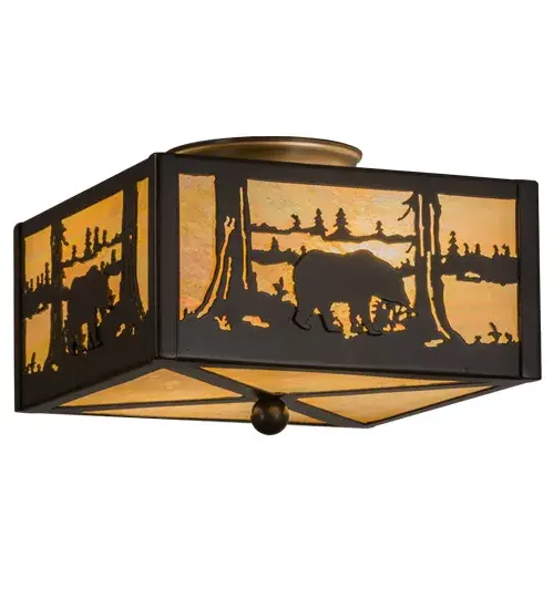 Drawing inspiration from the wildlife and natural beauty in the nearby Adirondack Mountains, this stunning lighting fixture depicts a Majestic Bear wandering around a woodland lake. A warm ambient glow projects through warm Beige Iridescent glass, which is complemented with a frame and hardware featured in a Timeless Bronze finish. The fixture is handcrafted by Meyda artisans in our Yorkville, NY facility. Custom designs, finishes, styles, sizes and dimmable energy efficient lamping are available. This flushmount is UL and cUL listed for damp and dry locations. Collection: Bear At Lake Finish: Timeless Bronze Glass: Beige Iridescent Glass Width: 14.50" Height: 7.00" Length: 10.00" Weight: 7.00 lb Number of Bulbs: 2 Maximum Wattage: 60.00 W Bulb Type: A19 Bulb Base: E26 Material: Steel Country of Origin: USA Safety Listing: Damp Safety Rating: Damp - alternate view