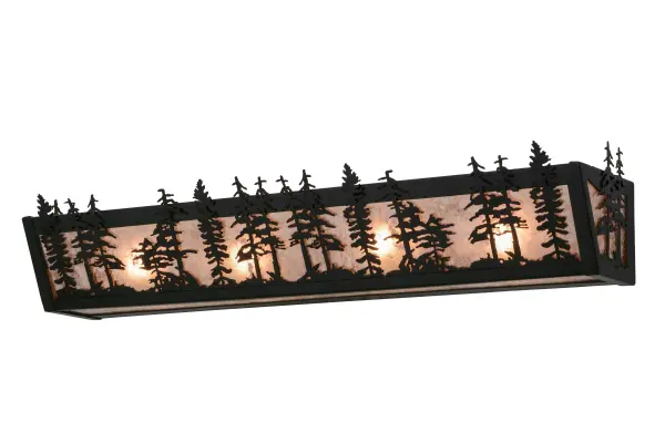 A nature inspired stand of Tall Pines is depicted on a background of Silver Mica and enhanced with a frame and hardware finished in Black. Warm soft ambient light is projected beautifully through this fixture. Ideal as a vanity light in a bath or powder room, and as a wall sconce in corridors, this fixture is handcrafted in the Meyda manufacturing facility, located at the foothills of the Adirondack Mountains. Collection: Tall Pines Finish: Textured Black Glass: Silver Mica Width: 30.00" Height: 7.00" Length: 7.00" Weight: 7.50 lb Extension from Wall: 7.00" Number of Bulbs: 4 Maximum Wattage: 60.00 W Bulb Type: A19 Bulb Base: E26 Material: Steel Country of Origin: USA Safety Listing: Damp Safety Rating: Damp