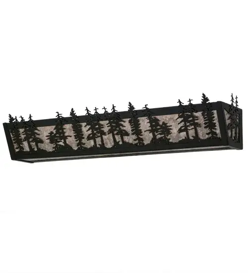 A nature inspired stand of Tall Pines is depicted on a background of Silver Mica and enhanced with a frame and hardware finished in Black. Warm soft ambient light is projected beautifully through this fixture. Ideal as a vanity light in a bath or powder room, and as a wall sconce in corridors, this fixture is handcrafted in the Meyda manufacturing facility, located at the foothills of the Adirondack Mountains. Collection: Tall Pines Finish: Textured Black Glass: Silver Mica Width: 30.00" Height: 7.00" Length: 7.00" Weight: 7.50 lb Extension from Wall: 7.00" Number of Bulbs: 4 Maximum Wattage: 60.00 W Bulb Type: A19 Bulb Base: E26 Material: Steel Country of Origin: USA Safety Listing: Damp Safety Rating: Damp - alternate view