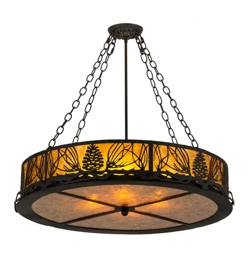 Mother nature comes to light as Mountain Pinecones and Pine Needles are featured on this unique nature inspired ceiling fixture. The charm of the forest comes alive with soft ambient light emanating through an Amber Mica diffuser. The shade is highlighted with accents featured in a bold Black finish. The ceiling fixture is perfect for dining areas; entryways; living spaces and other rooms where you want to make a stunning design statement. Handcrafted in our 180;000 square foot manufacturing facility in Yorkville; New York. Shade colors; metal finishes and fixture sizes can be customized to your needs. UL and cUL listed for dry and damp locations. - alternate view
