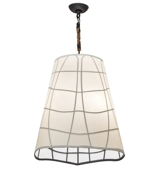 Casual charm evokes from this artistic styled pendant. Earzz reflects an abstract pattern on a Beige Textrene diffuser. The decorative accents, frame and hardware are featured in an Oil Rubbed Bronze finish while the shade is embraced by a Manila Hemp rope. This eclectic fixture is ideal for various residential, hospitality and commercial applications. Handcrafted in the USA, the pendant is available in custom designs, colors and sizes. Dimmable energy efficient lamping options such as LED are offered. UL and cUL listed for dry and damp locations. Collection: Earzz Finish: Oil Rubbed Bronze Glass: Beige Textrene Width: 22.00" Height: 39.00" Length: 22.00" Weight: 10.50 lb Number of Bulbs: 3 Maximum Wattage: 60.00 W Bulb Type: A19 Bulb Base: E26 Light Source: Halogen Material: Steel Country of Origin: USA Safety Listing: Dry Safety Rating: Dry
