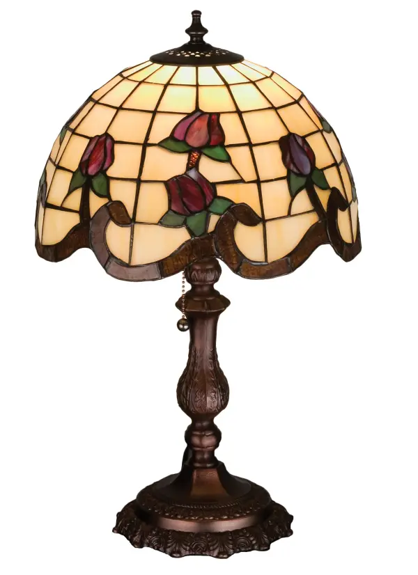 Grace your home with this elegant shade; featuring a gridwork of Bone Beige glass; adorned with a Rootbeer granite border of swirling ribbons and perfect Burgundy rosebuds. The Tiffany style stained accent lamp is made of hand cut and copperfoiled glass and is paired with a Mahogany Bronze; hand finished lamp base.