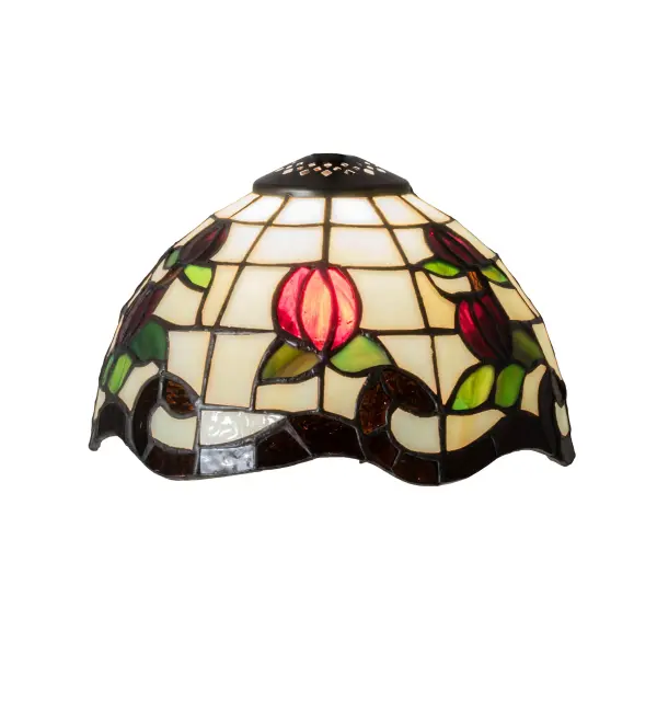 Grace your home with this exquisitely crowned shade. A gridwork of Beige Art Glass is adorned with a Bark Brown Granite Glass border of swirling ribbons and Pink Rosebuds which are complemented with Green Leaf accents. The shade is created using the famous Meyda Tiffany copperfoil construction. Pair the shade with a base to create a stunning table/floor lamp or use hardware to build a beautiful ceiling fixture. Each shade is a unique work of art with color variations based on natural ingredients inherent in the glass. Contact us if color matching is critical when ordering multiple items. Collection: Roseborder Glass: Stained Glass Width: 7.50" Height: 5.00" Length: 7.50" Weight: 1.50 lb Country of Origin: CHINA Safety Rating: Dry