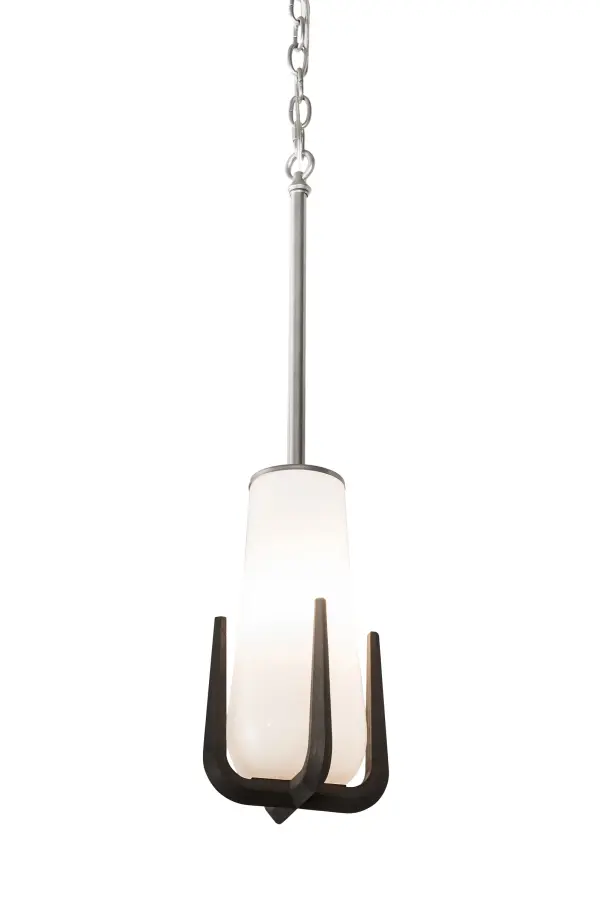 A stunning organic design greets expert American craftsmanship. Blumenklaue features an intriguingly styled pendant created with a White blown-glass diffuser in a floral-bulb shape embraced by four prongs inspired by a hand claw used for gardening. Handcrafted by skillful artisans at the foothills of the spectacular Adirondack Mountains in upstate New York, this charming pendant is available in custom sizes, finishes and designs. Dimmable energy efficient lamping options including LED are offered. This unique 8-inch wide fixture is UL and cUL listed for dry and damp locations. Collection: Blumenklaue Finish: Brushed Nickel & Ebony Glass: White Opal Glass Width: 8.00" Height: 34.00" Length: 8.00" Weight: 7.00 lb Number of Bulbs: 1 Maximum Wattage: 60.00 W Bulb Type: T10 Bulb Base: E26 Light Source: Halogen Material: Steel Country of Origin: USA Safety Listing: Damp Safety Rating: Damp