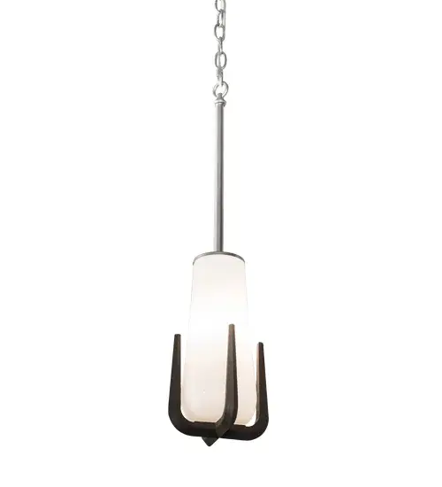 A stunning organic design greets expert American craftsmanship. Blumenklaue features an intriguingly styled pendant created with a White blown-glass diffuser in a floral-bulb shape embraced by four prongs inspired by a hand claw used for gardening. Handcrafted by skillful artisans at the foothills of the spectacular Adirondack Mountains in upstate New York, this charming pendant is available in custom sizes, finishes and designs. Dimmable energy efficient lamping options including LED are offered. This unique 8-inch wide fixture is UL and cUL listed for dry and damp locations. Collection: Blumenklaue Finish: Brushed Nickel & Ebony Glass: White Opal Glass Width: 8.00" Height: 34.00" Length: 8.00" Weight: 7.00 lb Number of Bulbs: 1 Maximum Wattage: 60.00 W Bulb Type: T10 Bulb Base: E26 Light Source: Halogen Material: Steel Country of Origin: USA Safety Listing: Damp Safety Rating: Damp - alternate view