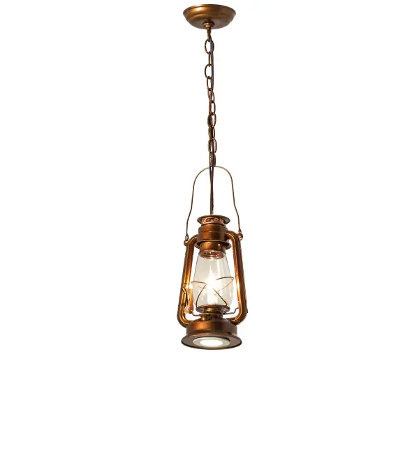 A dramatic; unique illuminating accent for a home; restaurant; retail or commercial environment; the Miners Lantern features handsome styling and creative allure. This rustic pendant recreates an old world oil lantern that was used in the coal industry to keep miners safe. The hardware and decorative accents are featured in a Vintage Copper finish; which complements the Clear Glass lens. Place mini pendants in a row across a bar; counter; table or island to create a dramatic design statement. Handcrafted by highly skilled artisans in our 180;000 square manufacturing facility in the USA. Custom sizes; styles; colors and dimmable energy efficient lamping options are available. The 7-inch wide fixture is UL and cUL listed for dry and damp locations.
