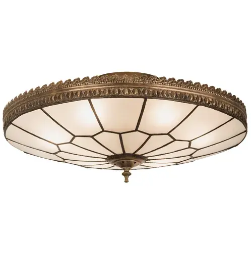 Embrace the timeless look of this classic art glass lighting design. The Vincent Honeycomb ceiling fixture features a Clear Frosted hand-curved art glass shade with a Honeycomb pattern. The shade is enhanced with Brass filigree accents finished in an antique brass finish. The Quality Bent Glass division of Meyda is over 100 years in the making. Today we are still creating timeless masterpieces using tools and methods from the days when we supplied Tiffany Studios. Glass colors and metal finishes are customizable as each Tiffany Bent Panel fixture is handcrafted to order. Handmade in our 180;000 sq ft manufacturing facility Yorkville; New York. UL & cUL listed for dry and damp locations. - alternate view