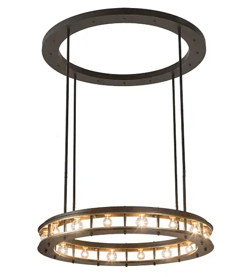 Inspired by the popular Minimalist Movement; Alva Cilindro features a round profile with 16 Customer Supplied Medium base G25 LED lamps. The curvaceous frame with hardware are featured in a Solar Black finish; with the lower ring's interiors finished in Matte Buttered Brass. Handmade by skilled artisans in Yorkville; NY; this Impressive fixture is available in custom sizes; styles and finishes. Dimmable energy efficient lamping options such as LED are offered. The 49-inch wide pendant is UL and cUL listed for dry and damp locations. - alternate view