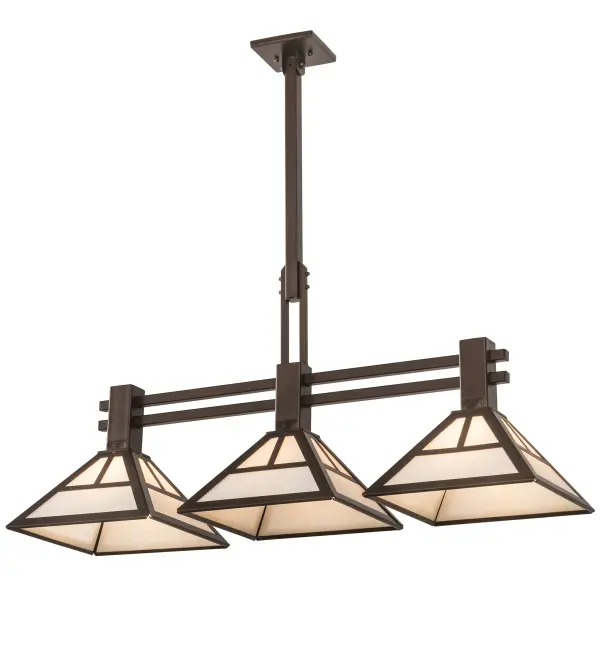 This handsome Craftsman styled Pendant is inspired by the Arts and Crafts movement. This fixture features 3 Creme Carrare Idalight shades with a striking Mission straight line design and complemented with hardware and decorative accents highlighted in a Mahogany Bronze finish. The pendant is ideal for illuminating billiard tables; islands; counters; bars; and tables. Handcrafted by highly skilled artisans in our 180;000 square foot manufacturing facility. Custom sizes; styles; colors and dimmable energy efficient lamping options are available. The 40-inch long fixture is UL and cUL listed for dry and damp locations.