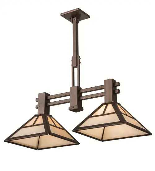 A handsome Mission T pattern adorns this striking Craftsman Signature Ceiling pendant. Handmade with 2 Creme Carrare Idalight shades that are complemented with frame; accents; and hardware in a Mahogany Bronze finish. Ideal for illuminating islands; counters; and tables in residential; retail and hospitality settings. Handcrafted by highly skilled artisans in our 180;000 square foot manufacturing facility in the USA. Dimmable energy efficient lamping options are available. Custom colors; styles and sizes are offered. The 29-inch long pendant is UL and cUL Listed for dry and damp locations. - alternate view