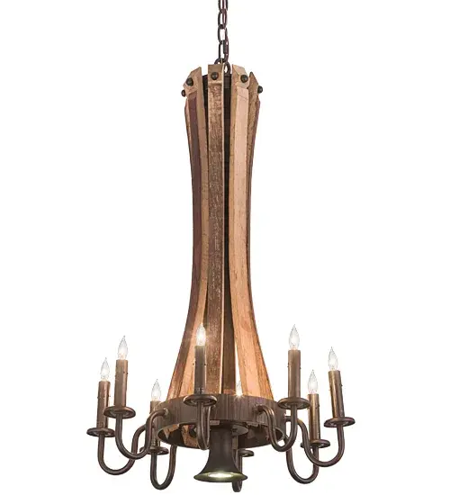 Rugged rustic charm greeted with gothic appeal. This lighting design was inspired by Antique Wooden staves traditionally bound by wooden hoops in the construction of beer/whisky barrels and wine casks. Eight Mahogany Bronze finished solid-stout curved arms support eight bobeches accented with complementary faux candles on its perimeter. A downlight provides functional illumination on surfaces below. The overall height ranges from 36 to 43 inches as the chain length can be easily adjusted in the field to accommodate your specific lighting application needs. Ideal for lobbies, foyers, banquet rooms, and reception areas. Custom crafted in our 180,000 square foot manufacturing facility in Yorkville, New York. Available in custom sizes, styles and colors. UL and cUL listed for damp and dry locations. Collection: Barrel Stave Finish: Mahogany Bronze Glass: Black Metal Finish Width: 20.00" Height: 36.00" Length: 20.00" Weight: 17.50 lb Extension from Wall: 9.50" Number of Bulbs: 1 Maximum Wattage: 50.00 W Bulb Type: MR16 Bulb Base: E26 Material: Steel Country of Origin: USA Safety Listing: Damp Safety Rating: Damp - alternate view