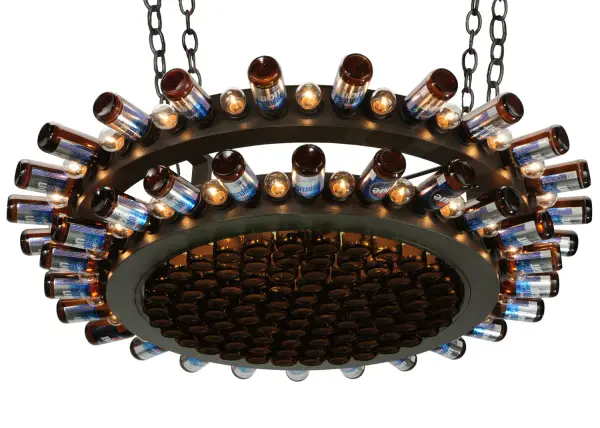 Excitement and entertainment come together in the Beer Garden chandelier. A Grandiose fun-filled fixture with hardware offered in an Oil Rubbed Bronze finish. The chandelier features 142 beer bottles provided by the customer. The overall height of this chandelier ranges from 12 to 81 inches as the chain length can be easily adjusted in the field to accommodate your specific lighting application needs. Custom sizes, styles and finishes are available. UL and cUL listed for dry and damp locations. Collection: Brandi'S Weekend Finish: Oil Rubbed Bronze Glass: Amber Glass/Acrylic Width: 53.00" Height: 12.00" Length: 53.00" Weight: 241.00 lb Extension from Wall: 4.00" Number of Bulbs: 48 Maximum Wattage: 40.00 W Bulb Type: G16.5 Bulb Base: E26 Material: Steel Country of Origin: USA Safety Listing: Damp Safety Rating: Damp