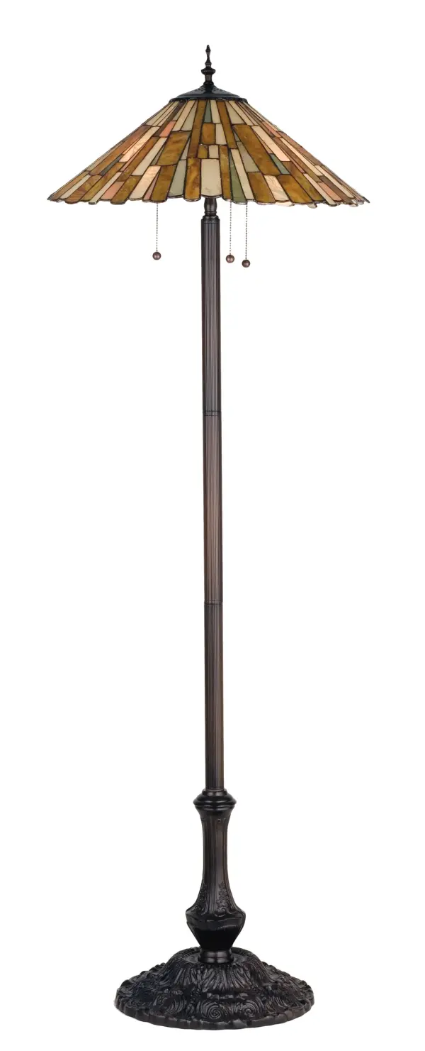 Thinly carved and polished natural Jadestone in earthy tones of Moss Green; Tan; Ivory and Coral; become luminescent in this unique; tile patterned shade. The stone shade is crafted with the same copperfoil process that is used on stained glass; Tiffany style shades. A Mahogany Bronze finished base completes this handsome floor lamp.