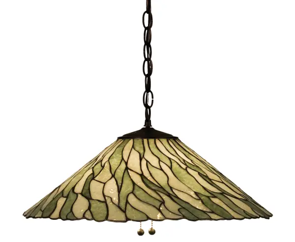 Thinly carved and polished natural Jadestone in earthy tones of Moss Green; and Ivory; become luminescent in this wispy willow leaf patterned shade. The stone shade is crafted with the same copperfoil process that is used on stained glass; Tiffany style shades. A Mahogany Bronze finished canopy and chain completes this handsome pendant.