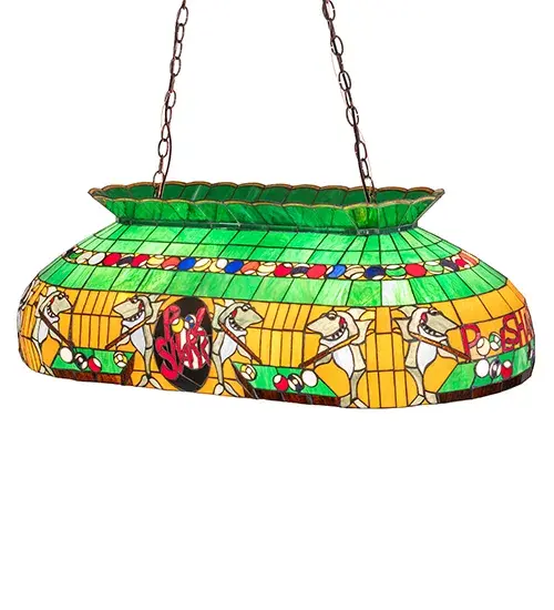 A whimsical stained glass design features the Pool Shark name in Red stained glass and appealing Shark figures playing billiards with cue sticks on a Beige art glass gridwork. The shade features an Emerald Green stained glass crown and colorful billiard balls around the perimeter. This oblong fixture is crafted of hand-cut art glass using the famous Meyda Tiffany copperfoil construction process. The overall height ranges from 19 to 50 inches; as the chain length can be easily adjusted in the field to accommodate your specific lighting application needs. The oblong fixture is perfect for placement in man caves; she sheds; basements; and billiard parlors from Chicago; Illinois; to Phoenix; Arizona; to San Antonio; Texas. The Pool Shark Oblong Pendant is included in our American-designed; handcrafted Personalized Lighting Collection and is manufactured in Yorkville; New York. UL and cUL listed for dry and damp locations. - alternate view